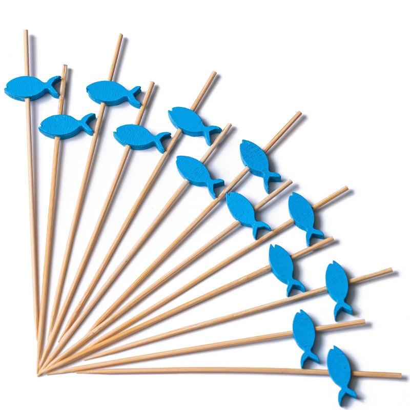 PuTwo Cocktail Toothpicks 100 Counts Cocktail Picks Handmade Natural Bamboo Cocktail Sticks Eco-Friendly Appetizer Skewers for Cocktail Appetizers Fruits Dessert - Blue Fishes - Image 1